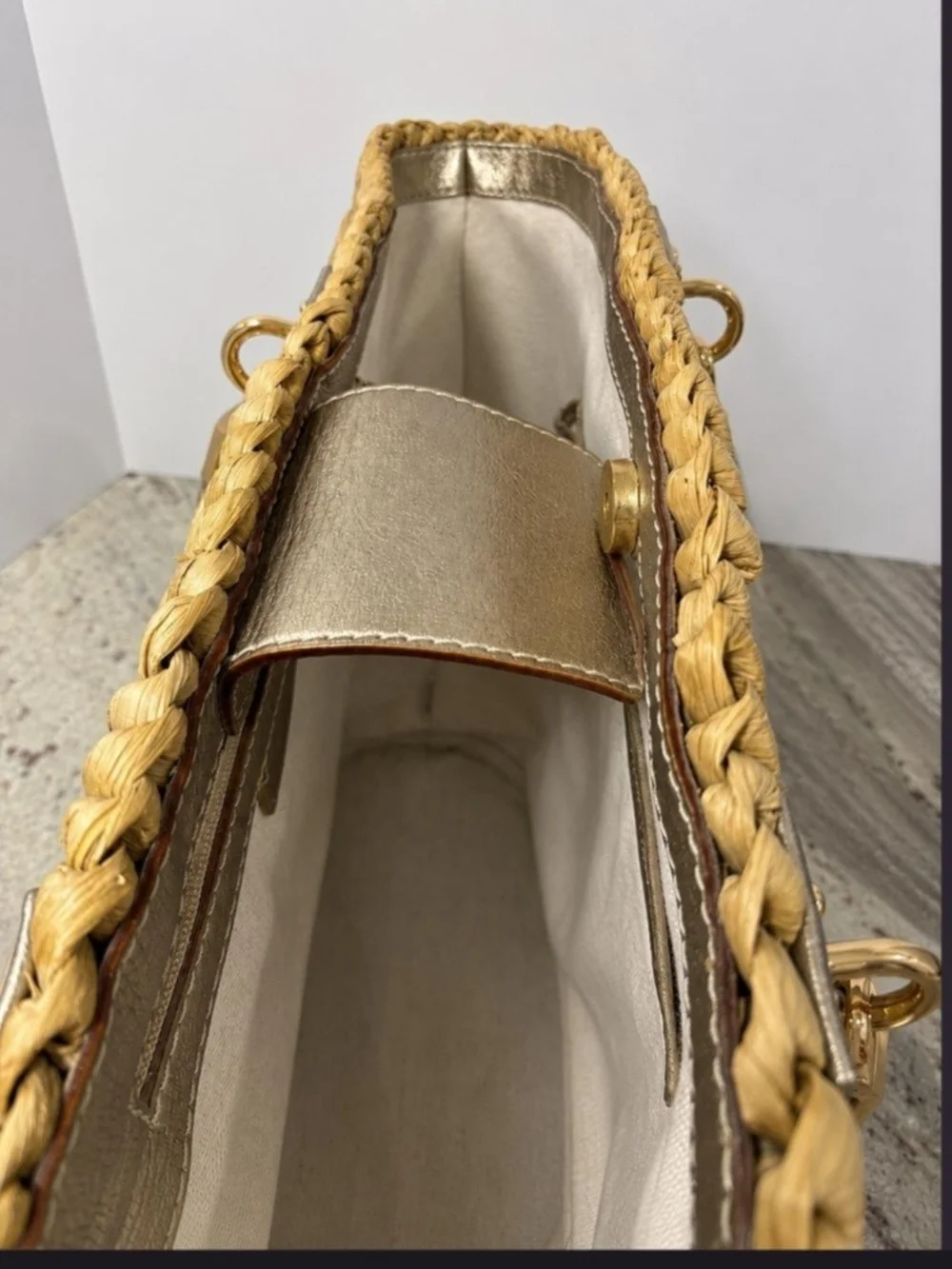 Michael Kors Woven Straw Tote Bag Metallic Champagne Leather Trim